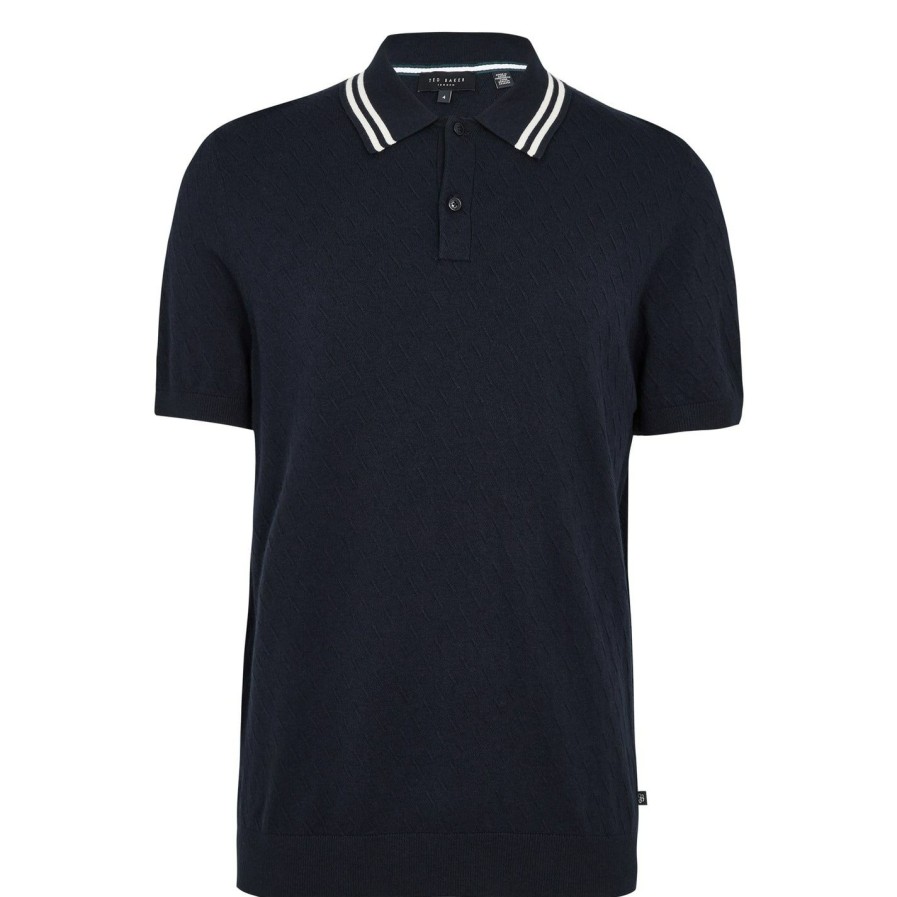 Men Ted Baker | Ted Baker Ted Baker Brooch Knit Polo Shirt Mens For Polo Shirts Colour Navy