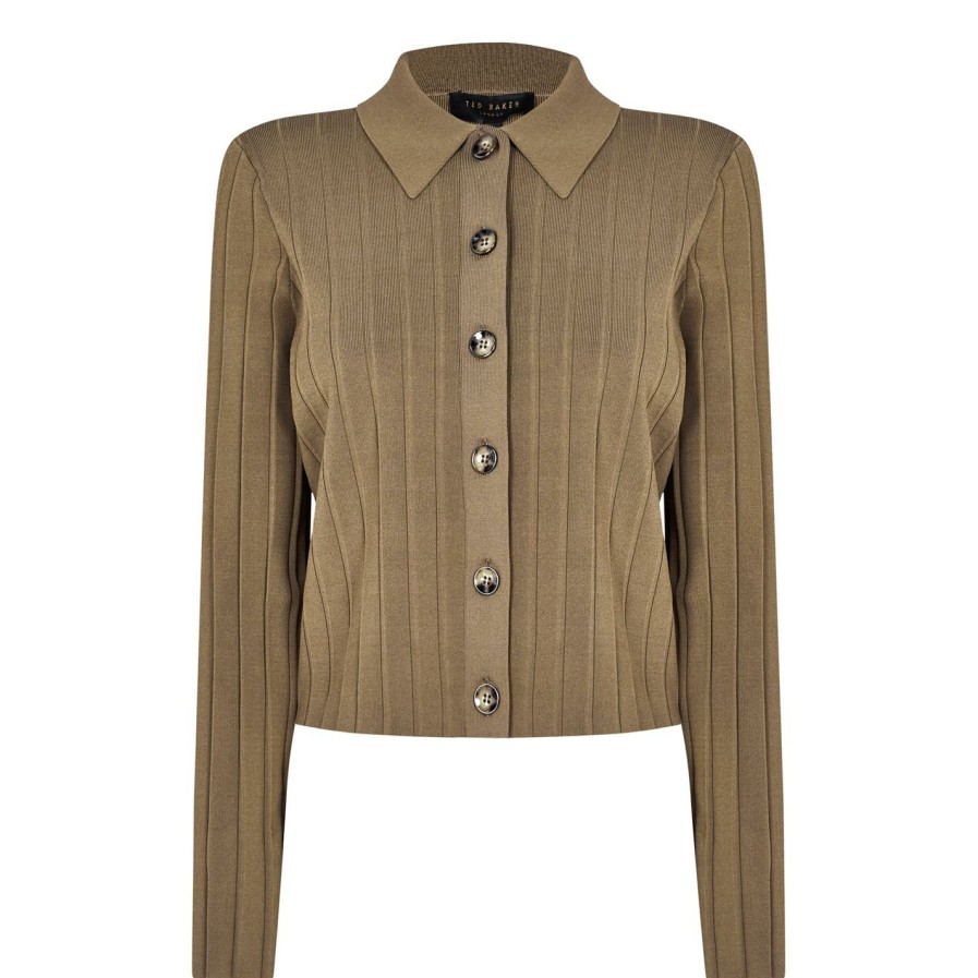 Women Ted Baker | Ted Baker Exton Collared Cardigan For Knitwear Colour Khaki