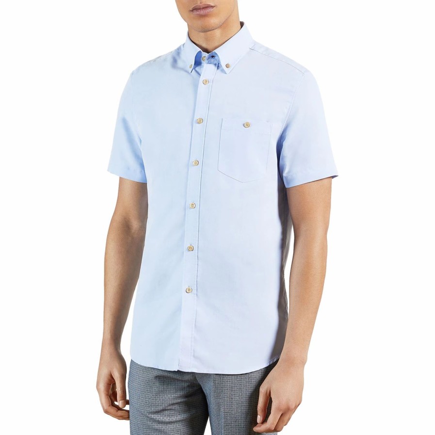 Men Ted Baker | Ted Baker Yasai Short Sleeve Shirt For Casual Shirts Colour Blue