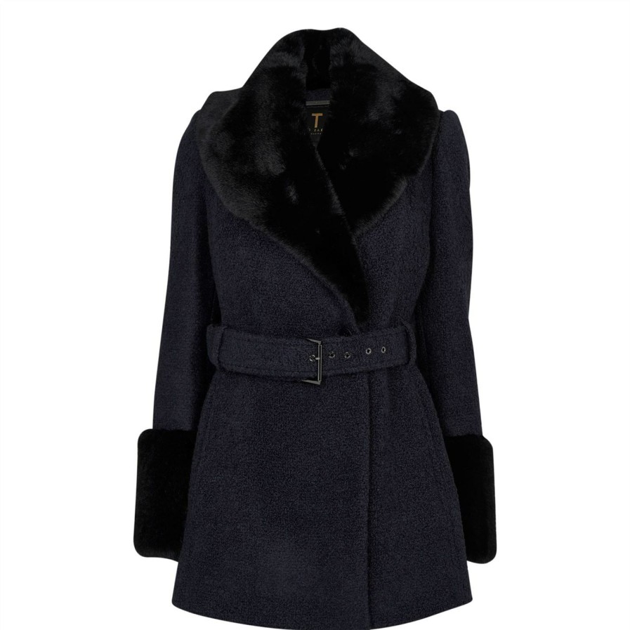 Women Ted Baker | Ted Baker Llotie Belted Short Coat For Coats & Jackets Colour Dk Navy