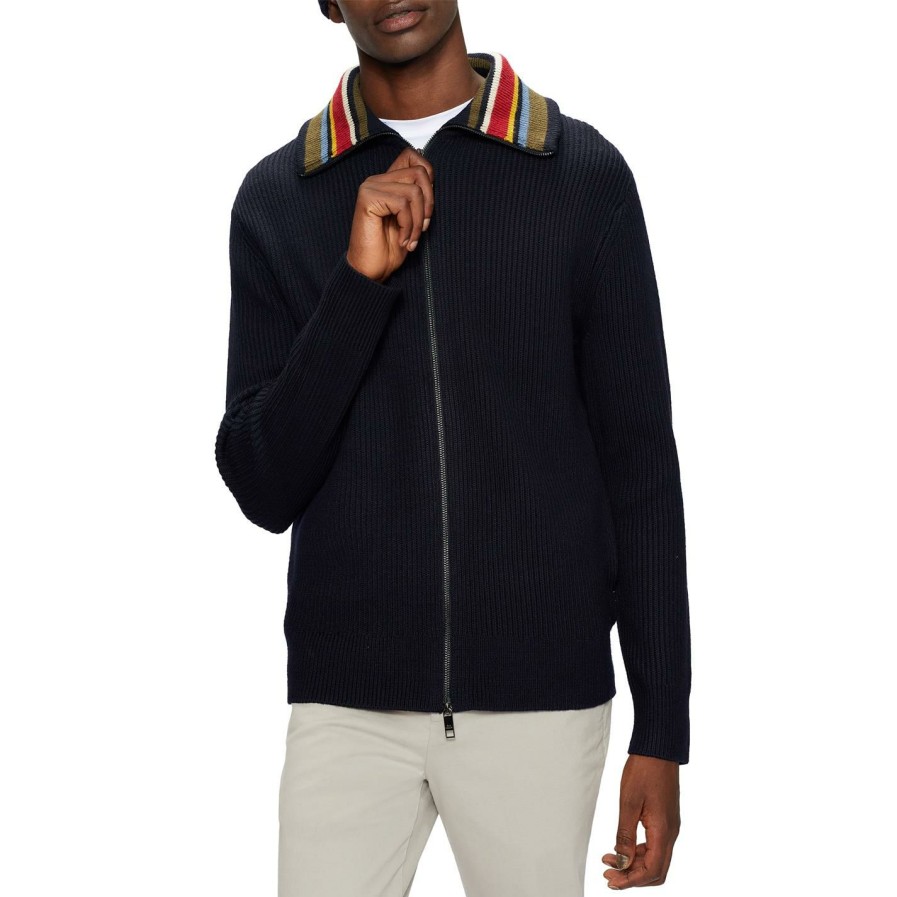 Men Ted Baker | Ted Baker Ousse Full Zip Sweater For Big & Tall Knitwear Colour Navy