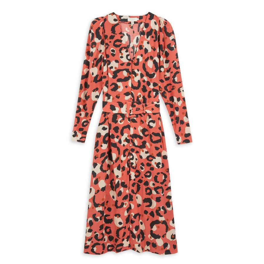 Women Ted Baker | Ted Baker Ted Leopard Isbeil Midi A Line Dress For Dresses Colour Coral