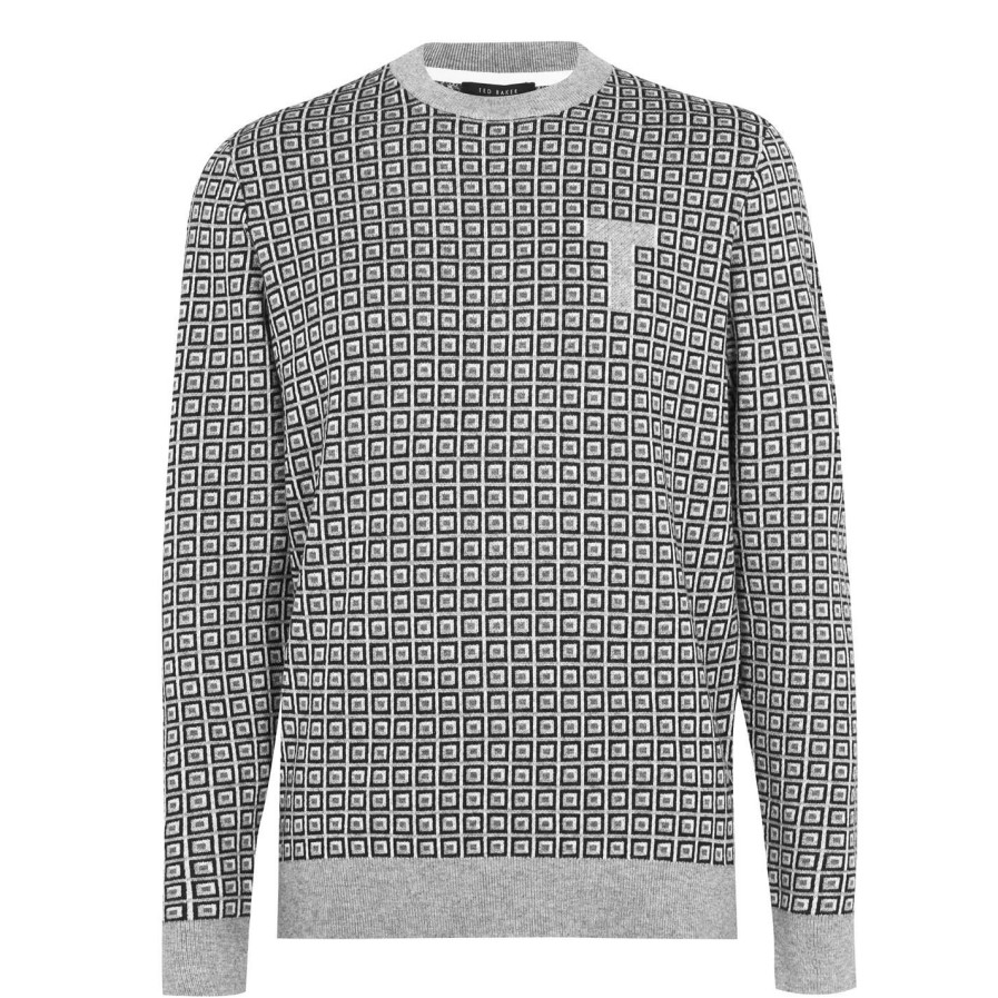 Men Ted Baker | Ted Baker Ted Baker Spring Pattern Crew Sweater For Big & Tall Knitwear Colour Grey