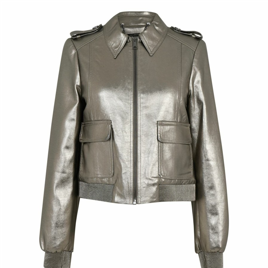 Women Ted Baker | Ted Baker Briyella Metallic Bomber Jacket For Coats & Jackets Colour Silver