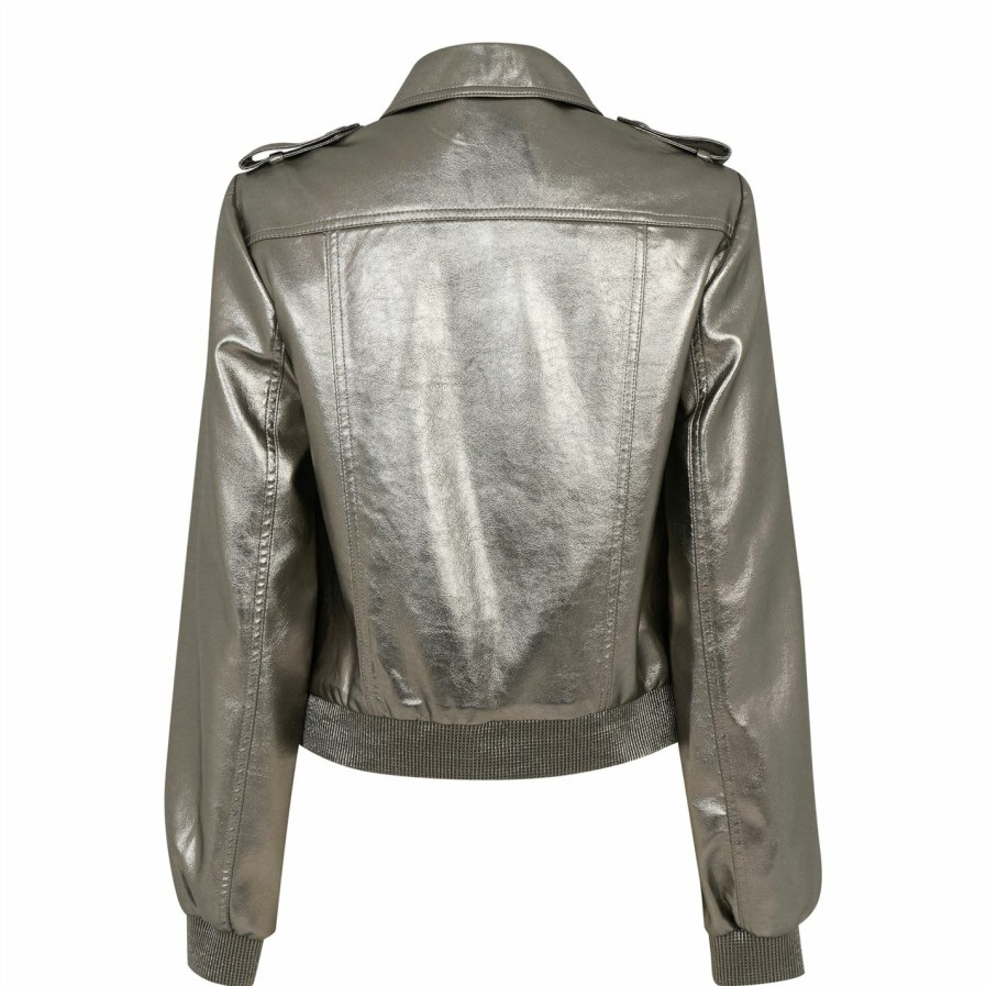 Women Ted Baker | Ted Baker Briyella Metallic Bomber Jacket For Coats & Jackets Colour Silver