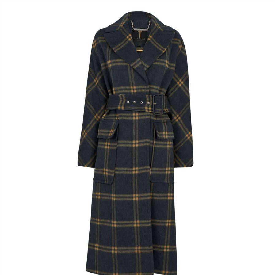 Women Ted Baker | Ted Baker Adelyyn Check Coat For Coats & Jackets Colour Dk Navy