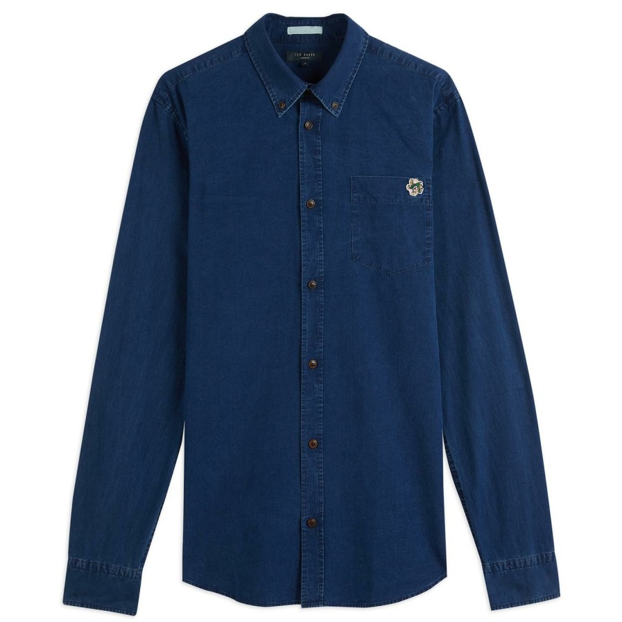 Men Ted Baker | Ted Baker Trygrip Denim Shirt For Casual Shirts Colour Blue