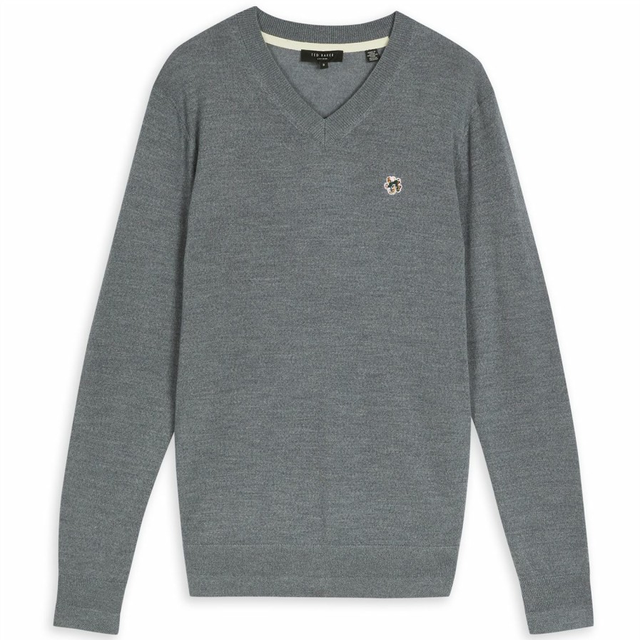 Men Ted Baker | Ted Baker Kenton V Neck Jumper For T-Shirts Colour Charcoal