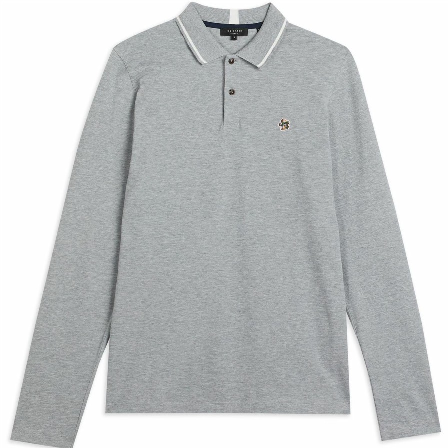 Men Ted Baker | Ted Baker Fulhumm Long Sleeved Polo Shirt For Polo Shirts Colour Lt-Grey