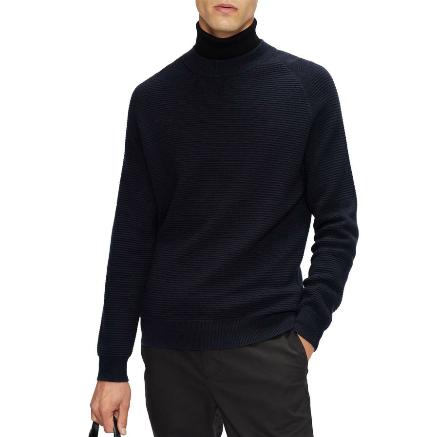 Men Ted Baker | Ted Baker Hansan Textured Crew Sweatshirt For Big & Tall Knitwear Colour Navy