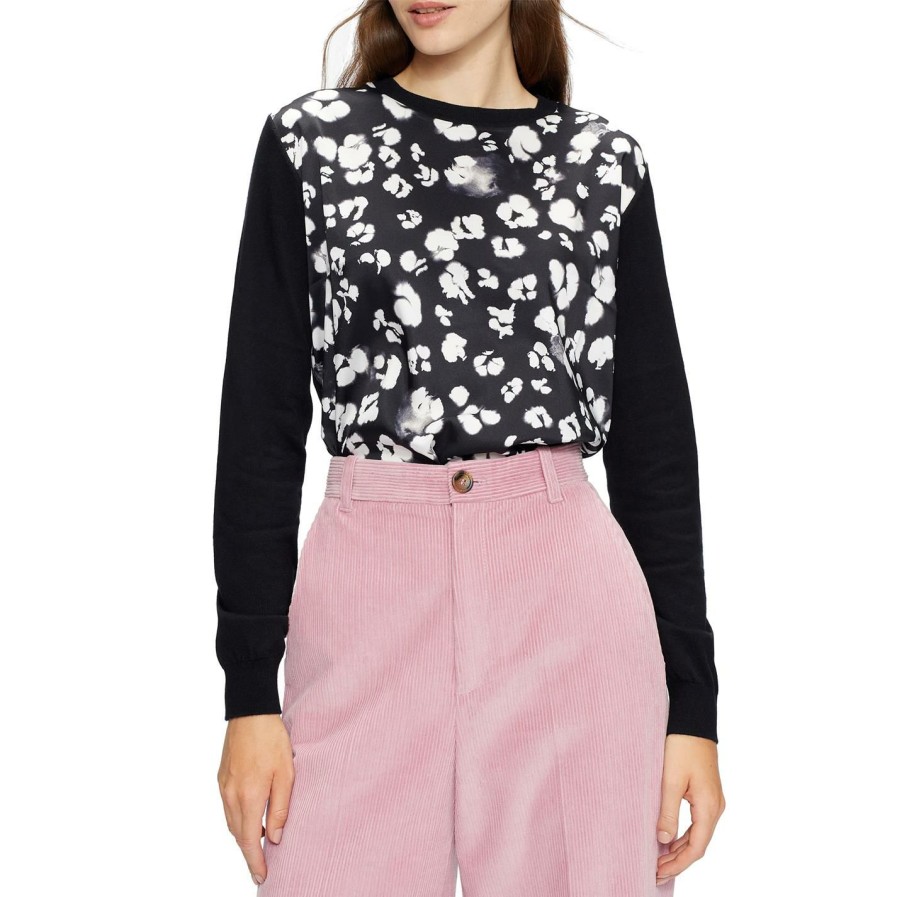 Women Ted Baker | Ted Baker Chalia Woven Front Print Jumper For Knitwear Colour Black