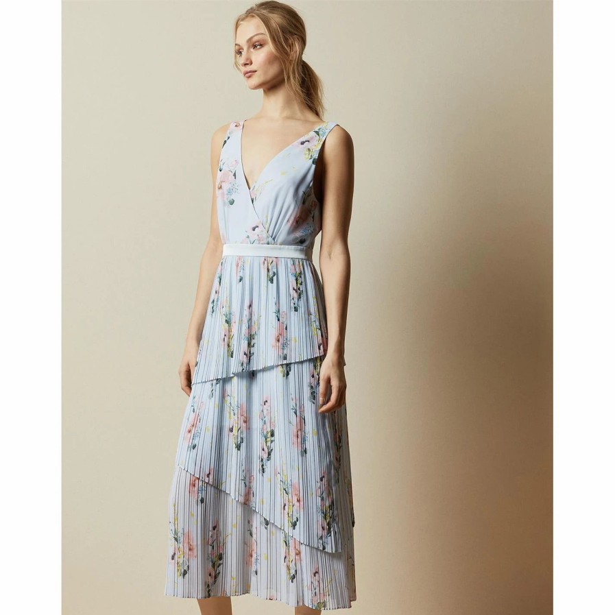 Women Ted Baker | Ted Baker Ted Baker Print Midi Dress Womens For Dresses Colour Light Blue