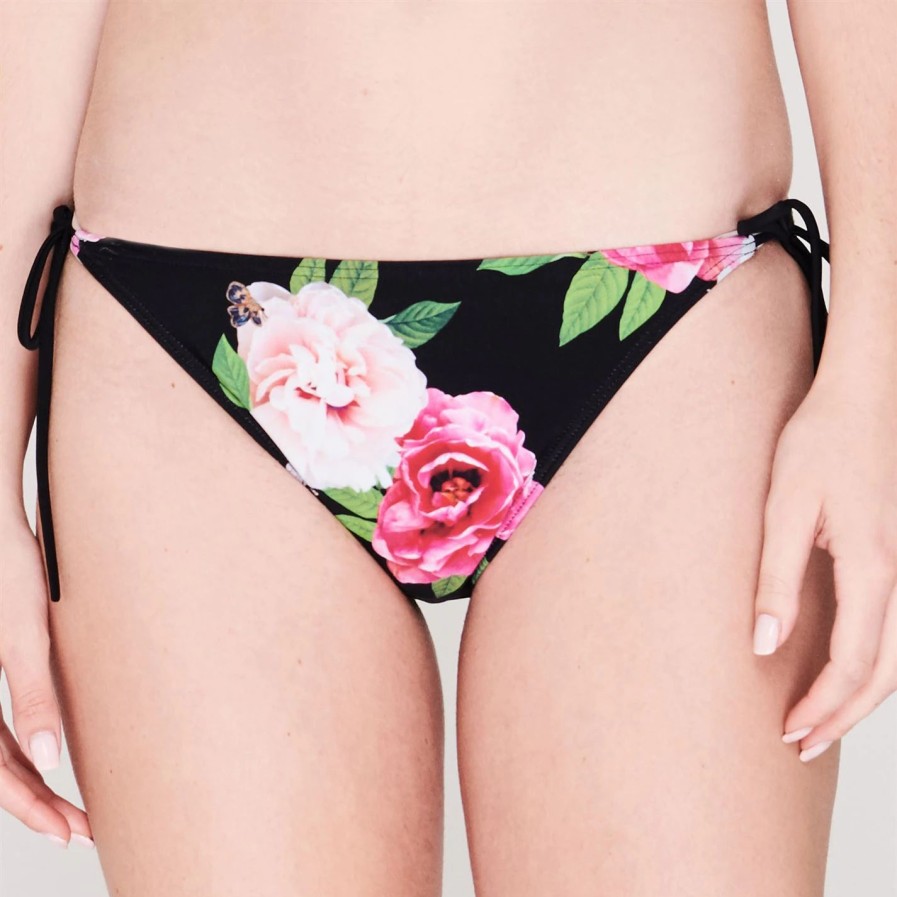 Women Ted Baker | Ted Baker Ted Floral Side Tie Bikini Briefs Womens For Bikinis Colour Black