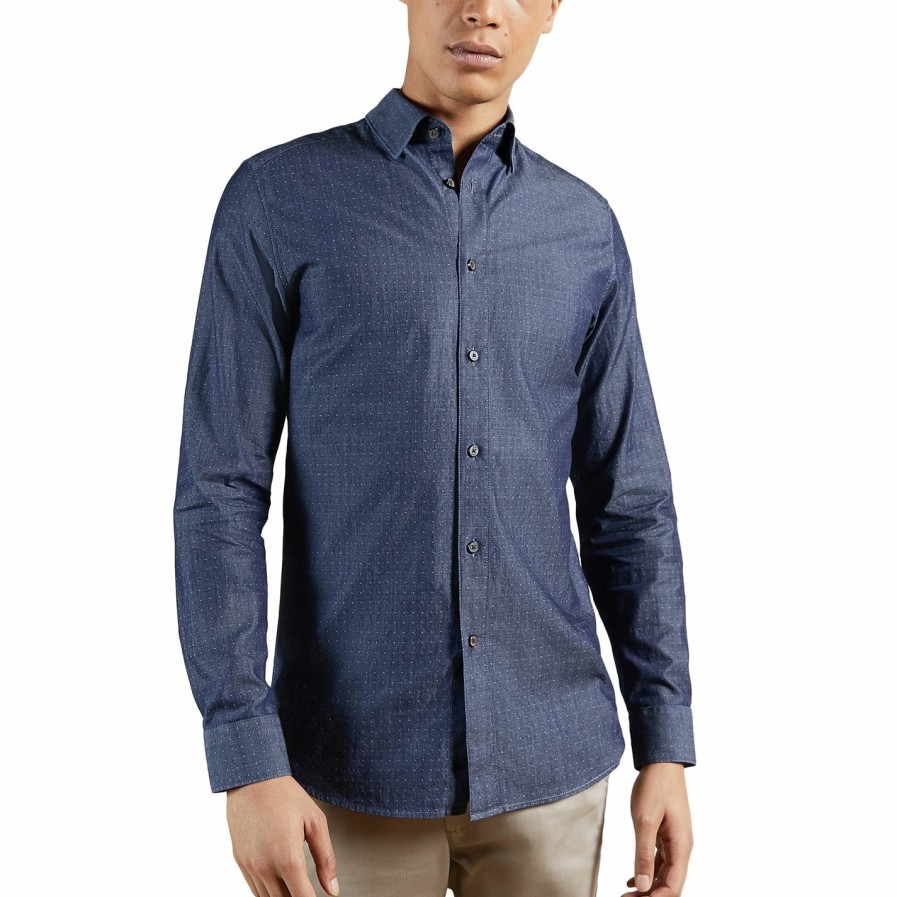 Men Ted Baker | Ted Baker Beaan Long Sleeve Shirt For Casual Shirts Colour Blue