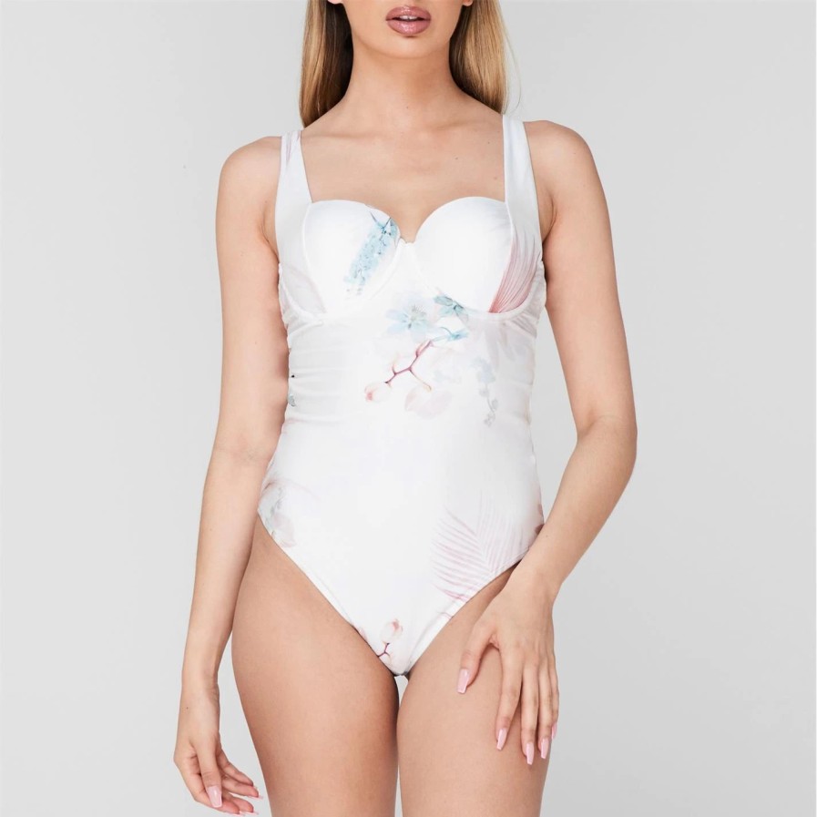 Women Ted Baker | Ted Baker Serene Panel Swimsuit For Bikinis Colour White