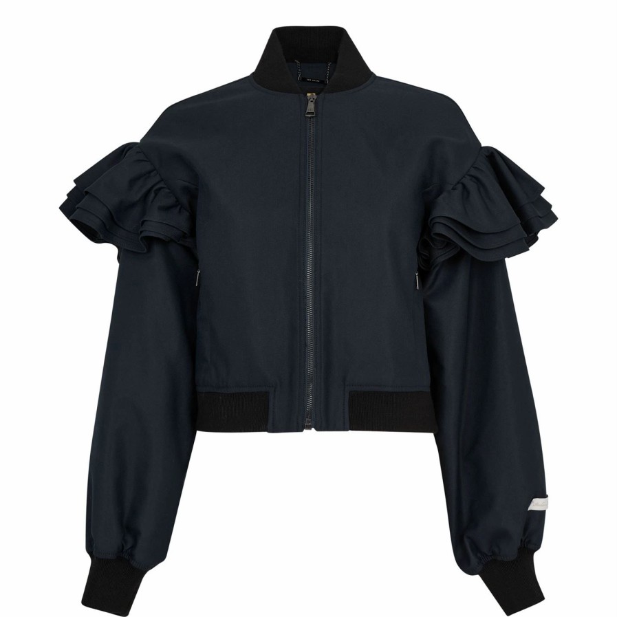 Women Ted Baker | Ted Baker Beckiey Frill Bomber Jacket For Coats & Jackets Colour Dark Navy