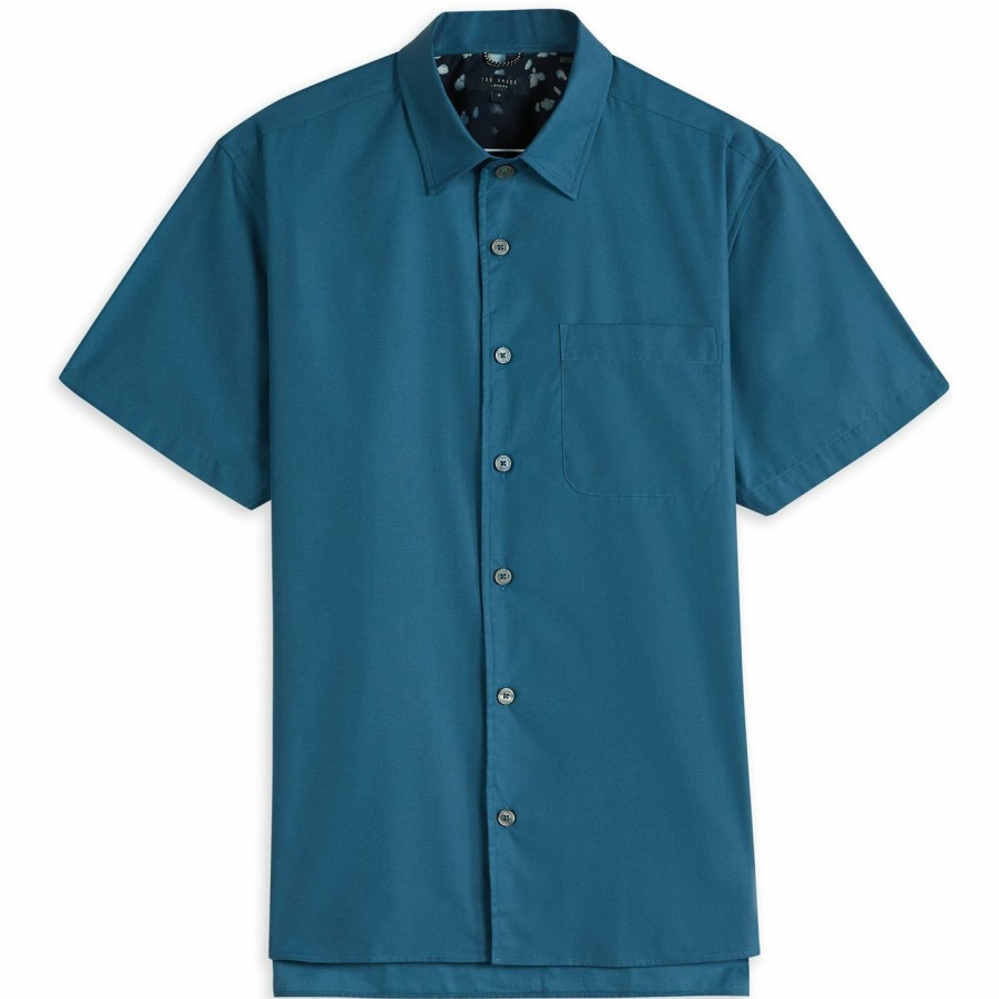 Men Ted Baker | Ted Baker Wolks Short Sleeve Shirt For Casual Shirts Colour Blue