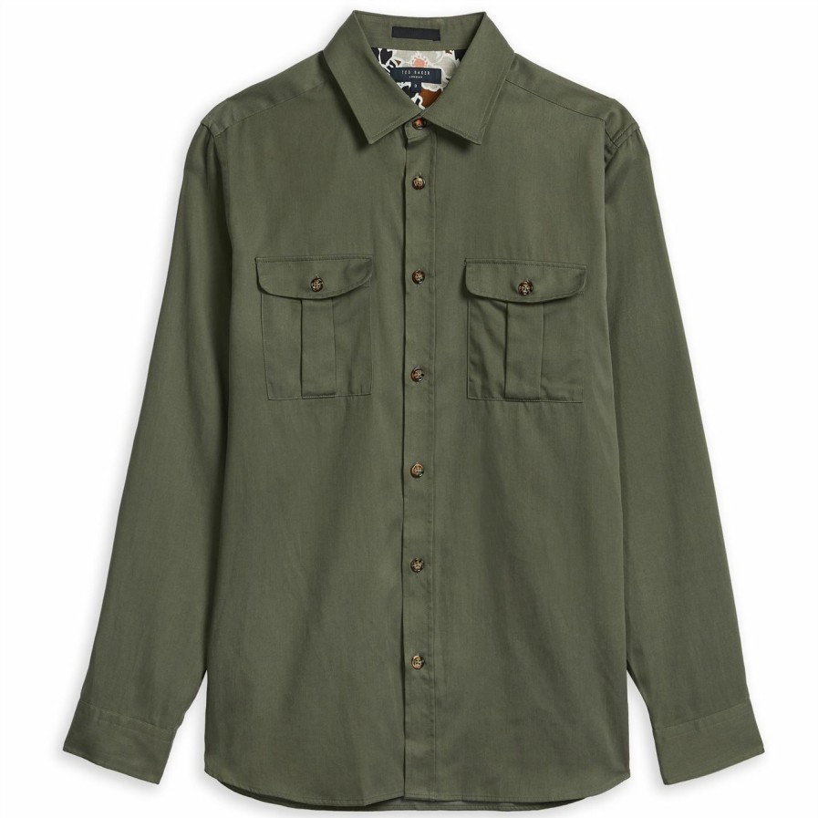 Men Ted Baker | Ted Baker Actor Long Sleeve Shirt For Casual Shirts Colour Khaki