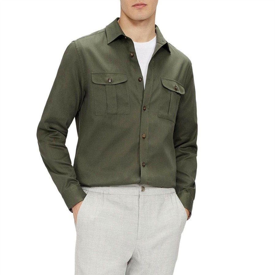 Men Ted Baker | Ted Baker Actor Long Sleeve Shirt For Casual Shirts Colour Khaki