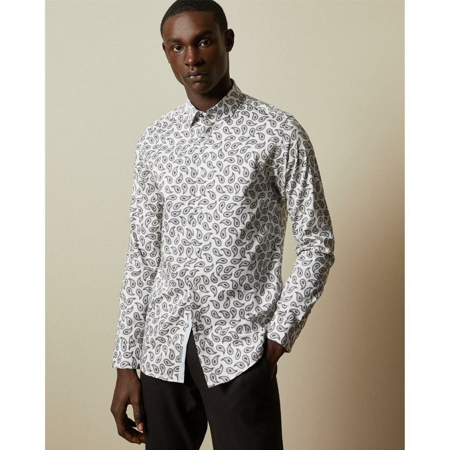 Men Ted Baker | Ted Baker Ted Baker Print Shirt Mens For Casual Shirts Colour White