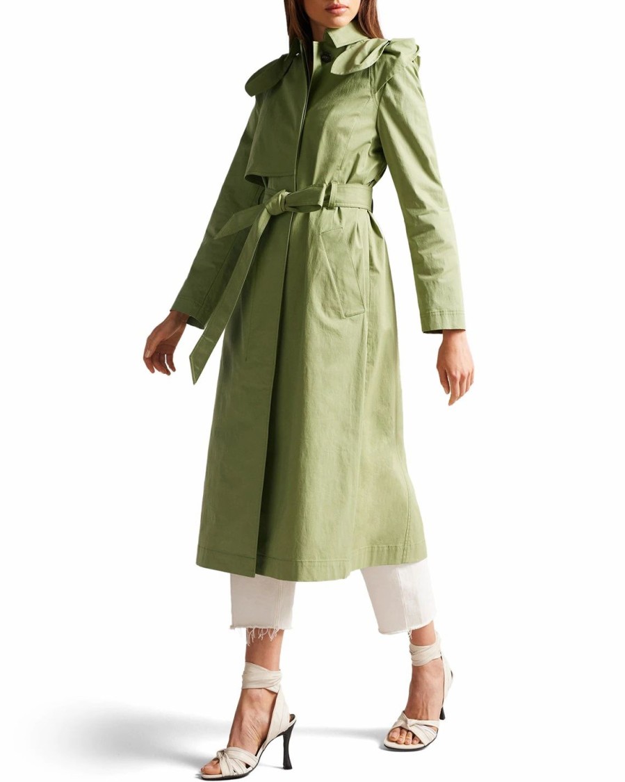 Women Ted Baker | Ted Baker Martna Voluminous Sleeve Trench Coat For Coats & Jackets Colour Mid-Green