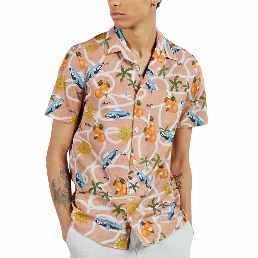 Men Ted Baker | Ted Baker Udon Short Sleeve Shirt For Casual Shirts Colour Pink