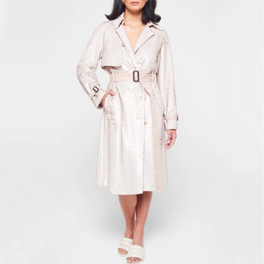 Women Ted Baker | Ted Baker Stariz Sequin Trench Coat For Coats & Jackets Colour Natural