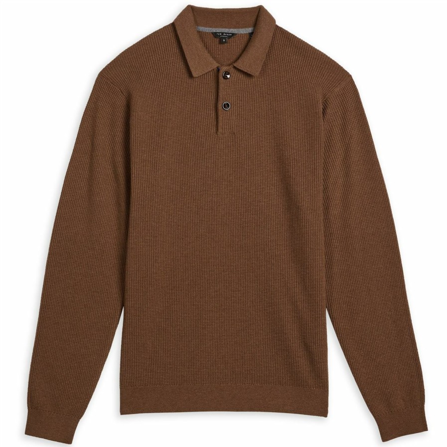 Men Ted Baker | Ted Baker Batha Long Sleeve Polo Shirt For Polo Shirts Colour Camel