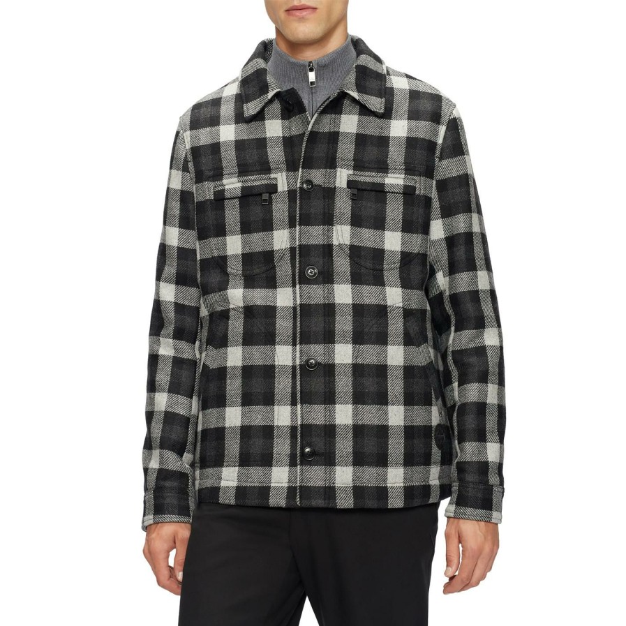 Men Ted Baker | Ted Baker Incline Check Overshirt For Big & Tall Coats & Jackets Colour Grey