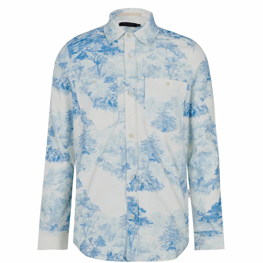 Men Ted Baker | Ted Baker Liburty Denim Shirt For Casual Shirts Colour White