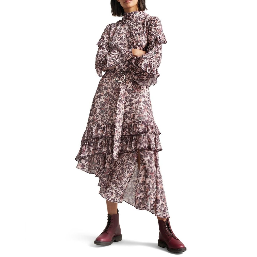 Women Ted Baker | Ted Baker Alvvaa Foliage Print Layered Frilled Dress For Dresses Colour Pink