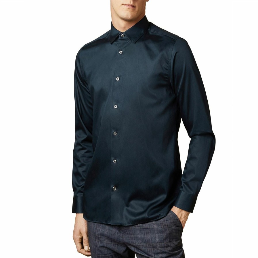 Men Ted Baker | Ted Baker Bobcut Long Sleeve Shirt For Casual Shirts Colour Navy