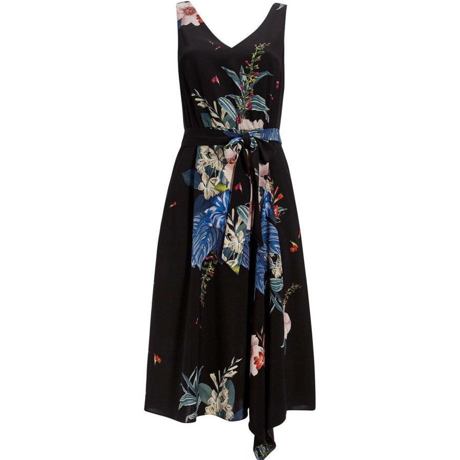 Women Ted Baker | Ted Baker Jamboree V Neck Midi Dress For Wedding Guest Dresses Colour Black