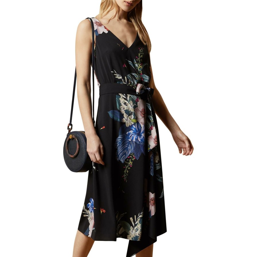 Women Ted Baker | Ted Baker Jamboree V Neck Midi Dress For Wedding Guest Dresses Colour Black