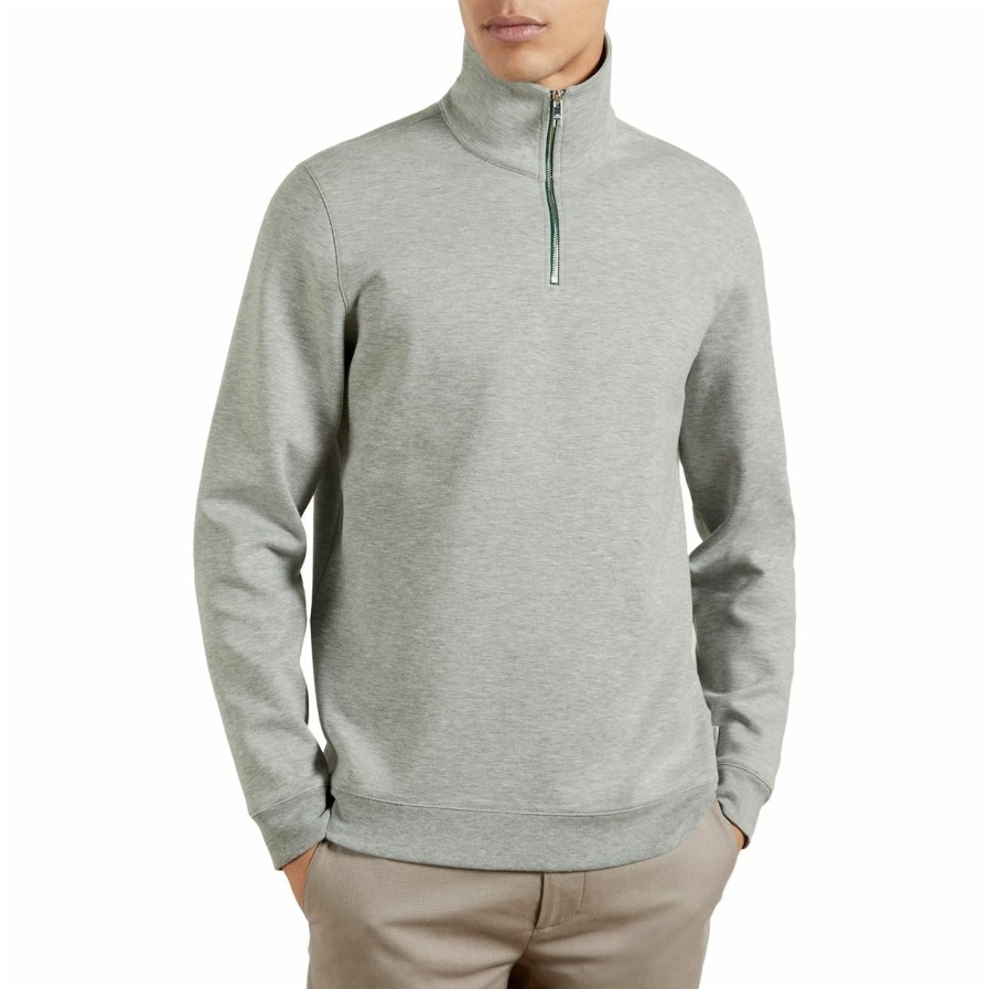 Men Ted Baker | Ted Baker Ayfive Zip Sweatshirt For Big & Tall Knitwear Colour Grey-Marl