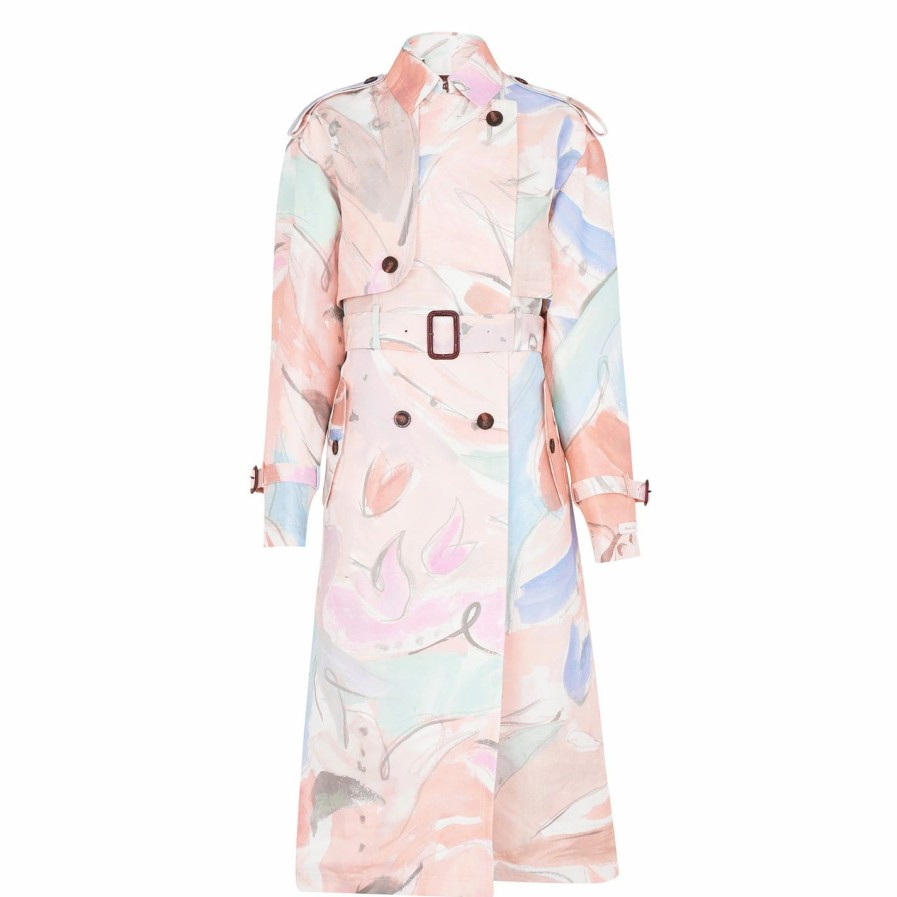 Women Ted Baker | Ted Baker Myiah Print Trench For Coats & Jackets Colour Ivory