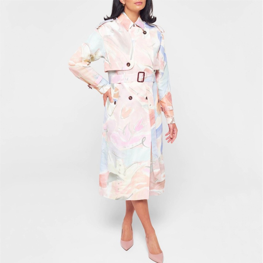 Women Ted Baker | Ted Baker Myiah Print Trench For Coats & Jackets Colour Ivory