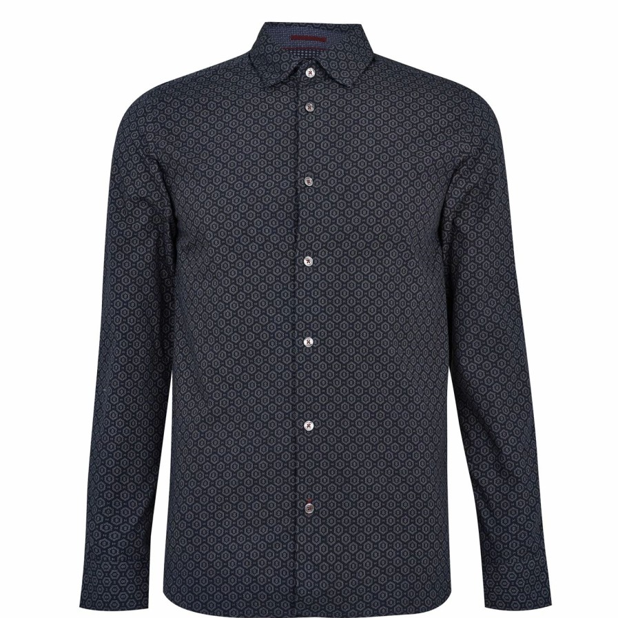 Men Ted Baker | Ted Baker Brella Long Sleeve Shirt For Casual Shirts Colour Navy