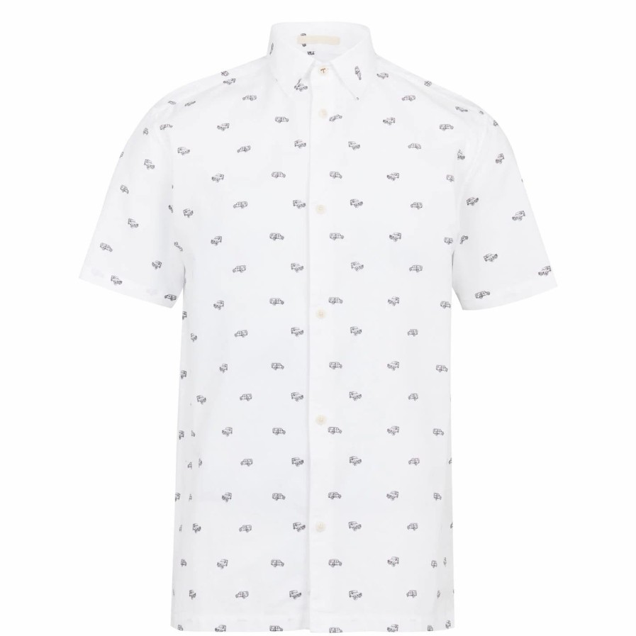 Men Ted Baker | Ted Baker Deaconn Car Print Short Sleeve Shirt For Casual Shirts Colour White