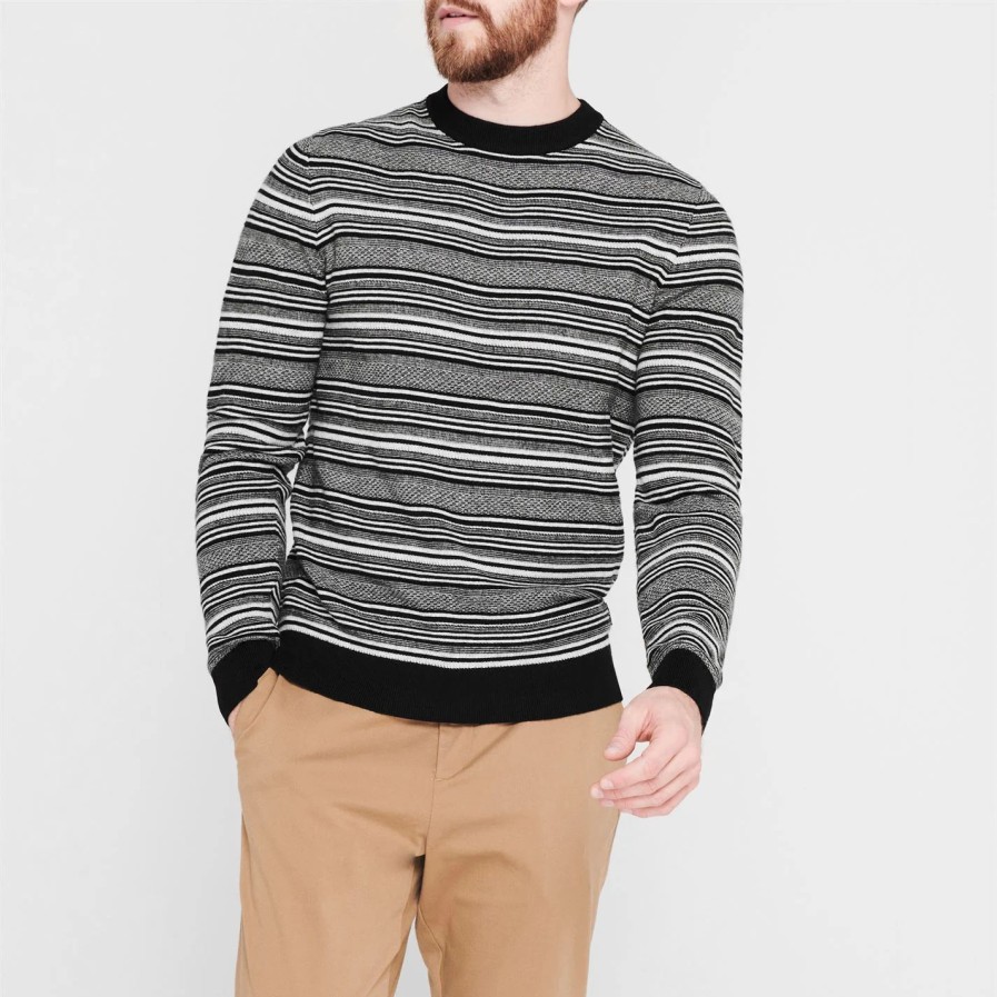 Men Ted Baker | Ted Baker Lowther Stripe Crew Sweater For Big & Tall Knitwear Colour Black