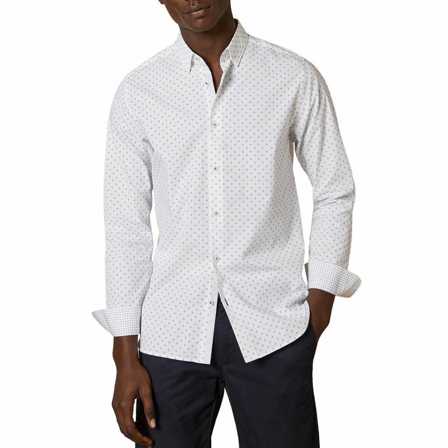 Men Ted Baker | Ted Baker Ted Baker Long Sleeve Shirt Mens For Casual Shirts Colour White